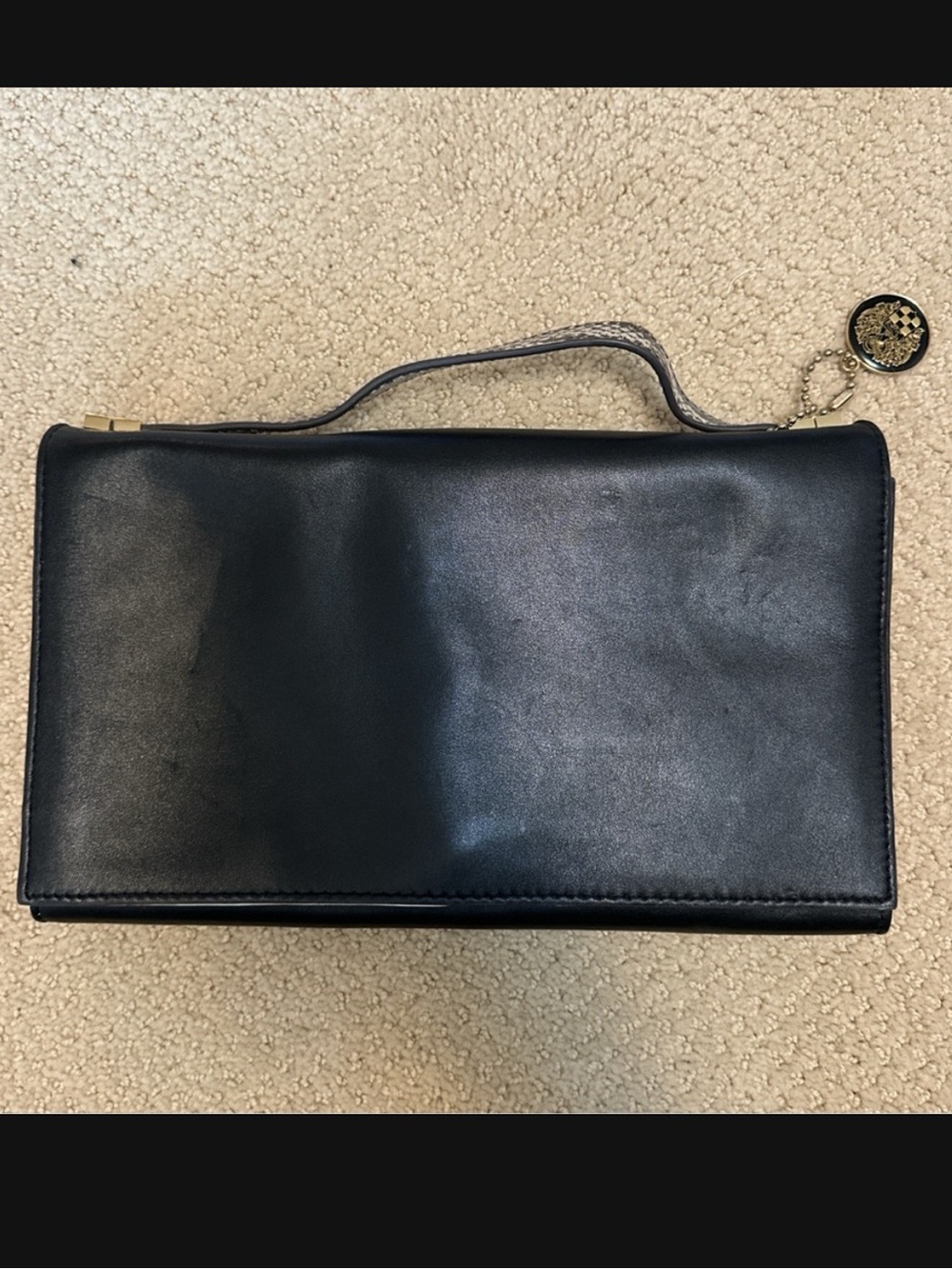 Vince Camuto Black Leather Clutch / Crossbody with Snake and Gold Accents